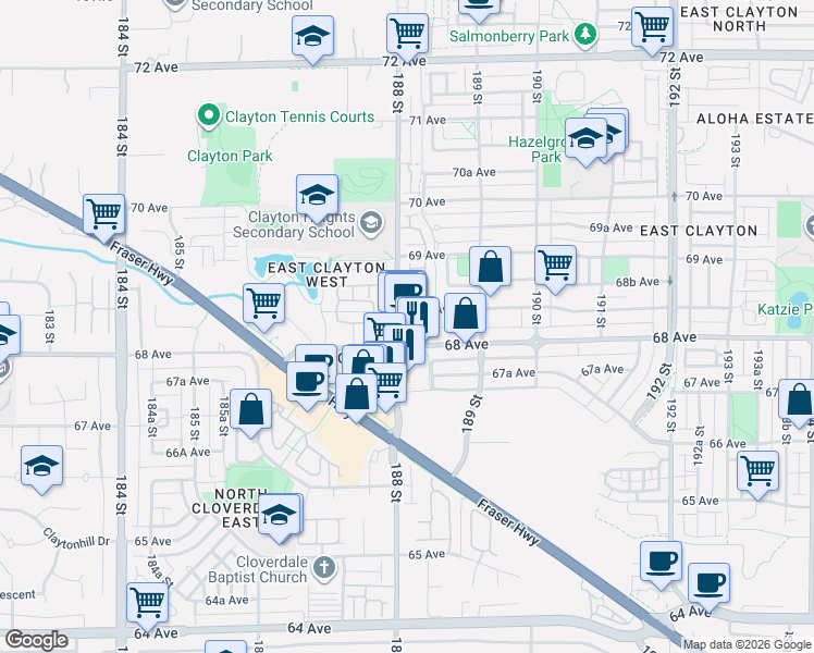 map of restaurants, bars, coffee shops, grocery stores, and more near 121-6820 188 Street in Surrey