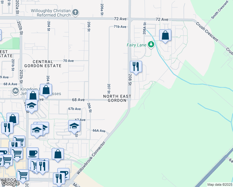 map of restaurants, bars, coffee shops, grocery stores, and more near 20745 68 Avenue in Langley