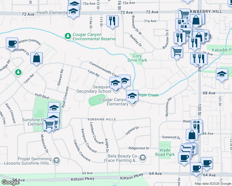 map of restaurants, bars, coffee shops, grocery stores, and more near 11584 Lyon Road in Delta