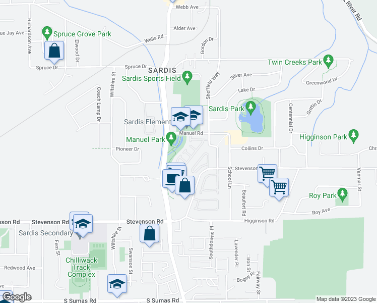 map of restaurants, bars, coffee shops, grocery stores, and more near 6887 Sheffield Way in Chilliwack