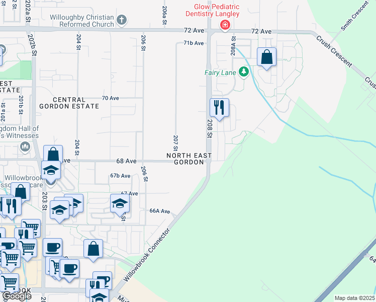 map of restaurants, bars, coffee shops, grocery stores, and more near 20745 68 Avenue in Langley