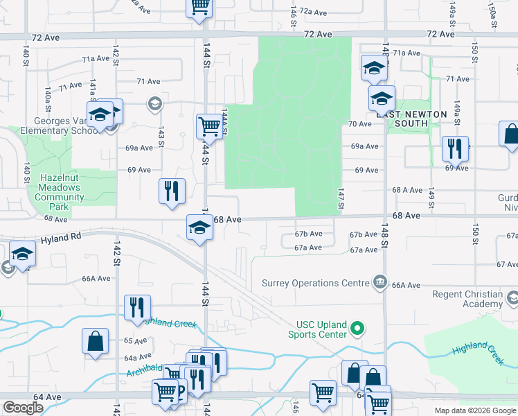 map of restaurants, bars, coffee shops, grocery stores, and more near 14555 68 Avenue in Surrey