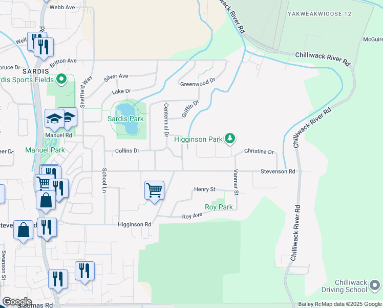 map of restaurants, bars, coffee shops, grocery stores, and more near 46174 Christina Drive in Chilliwack