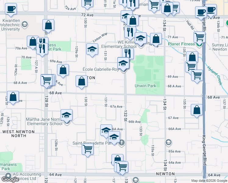 map of restaurants, bars, coffee shops, grocery stores, and more near 6842 131 Street in Surrey