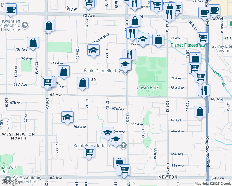 map of restaurants, bars, coffee shops, grocery stores, and more near 13145 68 Avenue in Surrey