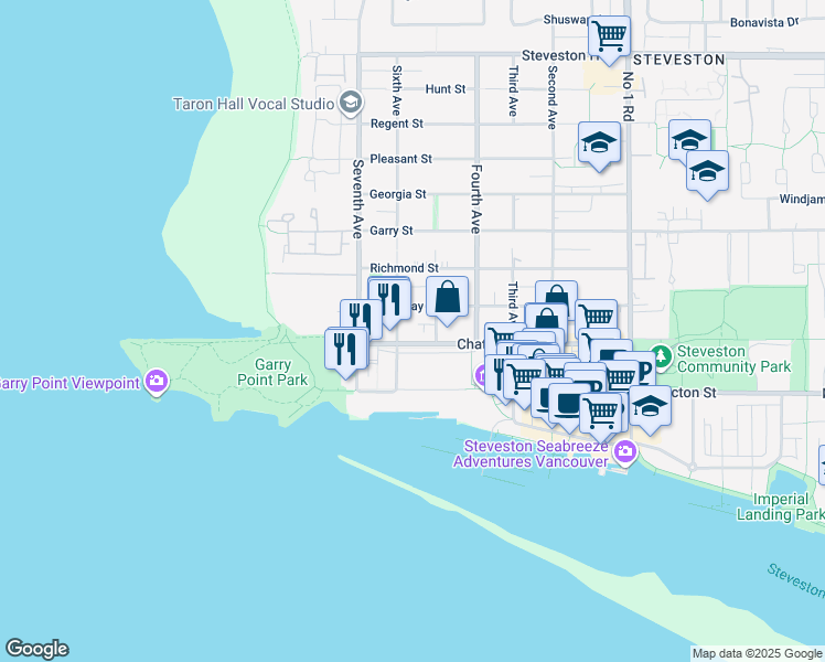 map of restaurants, bars, coffee shops, grocery stores, and more near 3191 Chatham Street in Richmond