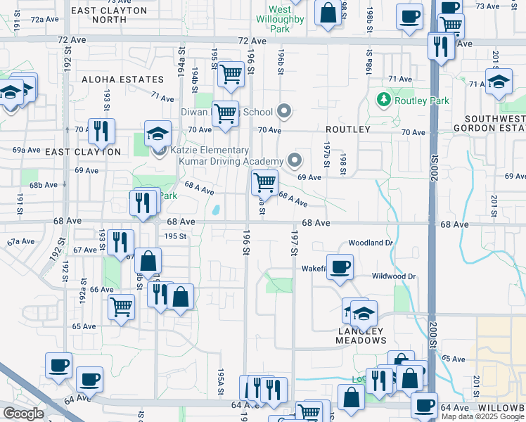 map of restaurants, bars, coffee shops, grocery stores, and more near 6822 196A Street in Langley