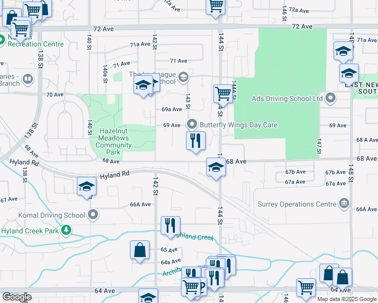 map of restaurants, bars, coffee shops, grocery stores, and more near 14308 68 A Avenue in Surrey