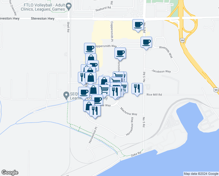 map of restaurants, bars, coffee shops, grocery stores, and more near 11871 Horseshoe Way in Richmond