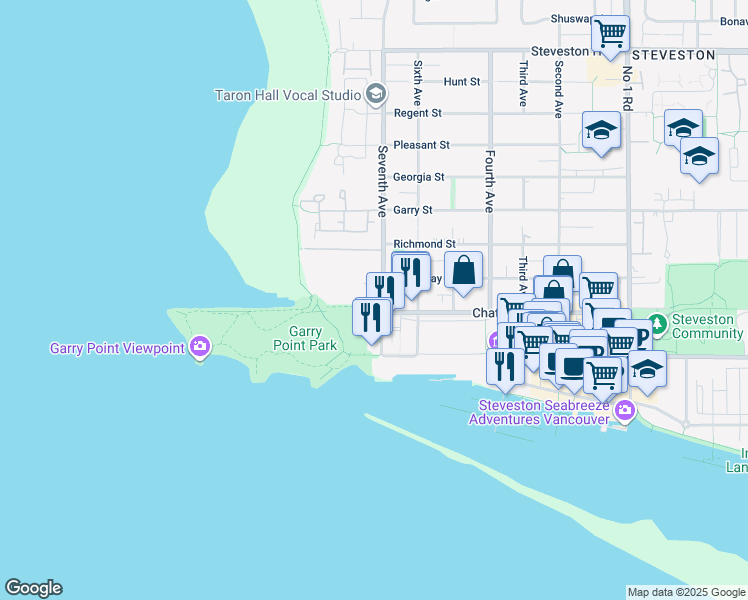 map of restaurants, bars, coffee shops, grocery stores, and more near 11971 Seventh Avenue in Richmond