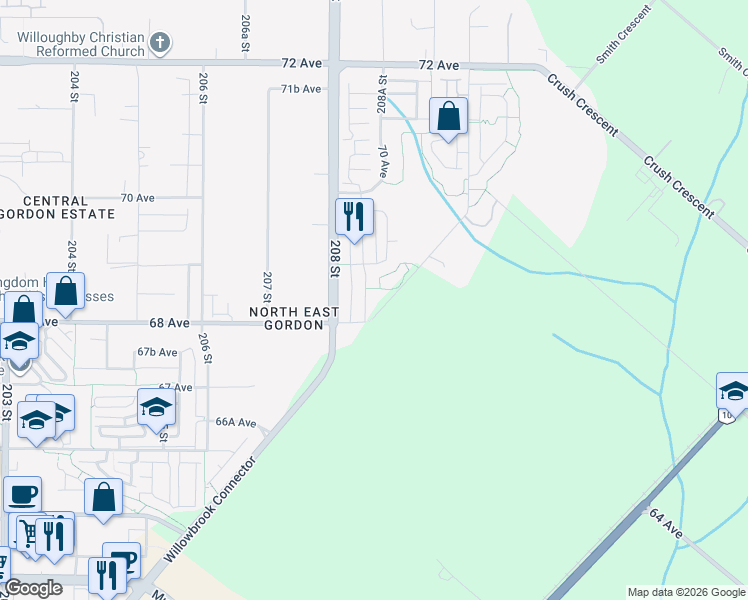 map of restaurants, bars, coffee shops, grocery stores, and more near 6869 210 Street in Langley