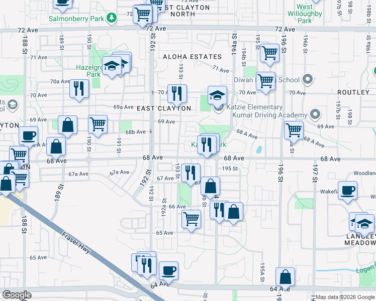 map of restaurants, bars, coffee shops, grocery stores, and more near 6852 193 Street in Surrey