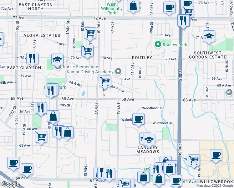 map of restaurants, bars, coffee shops, grocery stores, and more near 6813 197 Street in Langley