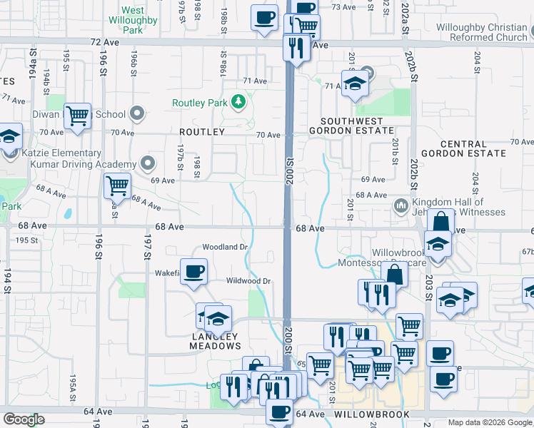 map of restaurants, bars, coffee shops, grocery stores, and more near 19957 68 Avenue in Langley Township