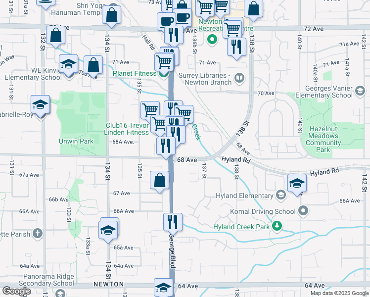 map of restaurants, bars, coffee shops, grocery stores, and more near 13665 68 Avenue in Surrey