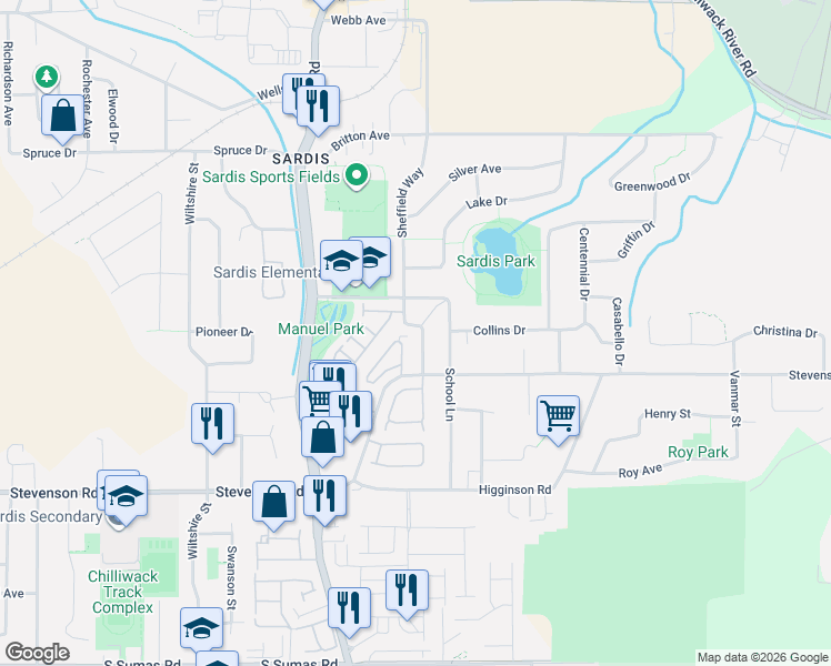 map of restaurants, bars, coffee shops, grocery stores, and more near 6843 Sheffield Way in Chilliwack