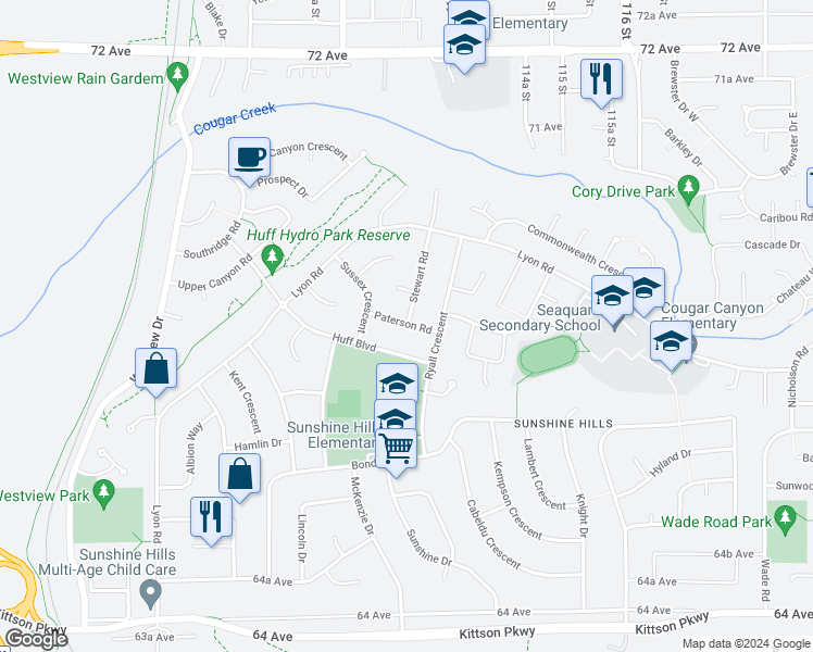 map of restaurants, bars, coffee shops, grocery stores, and more near 11260 Paterson Road in Delta