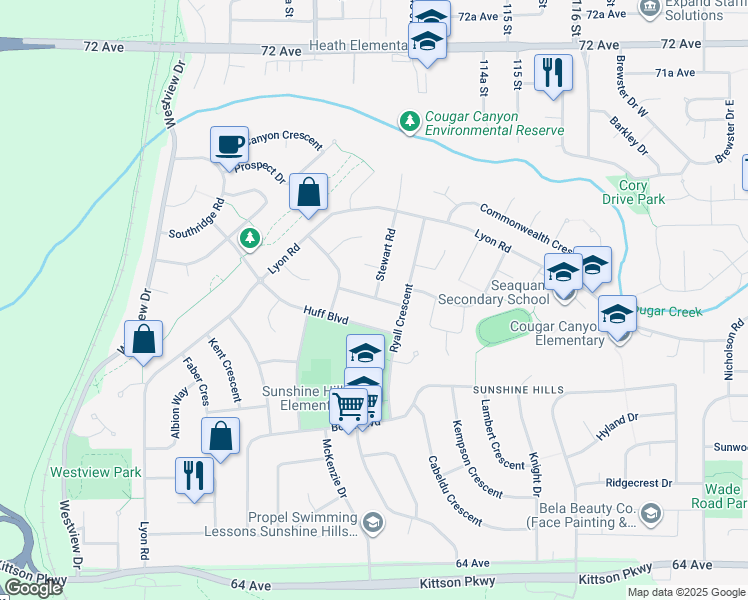 map of restaurants, bars, coffee shops, grocery stores, and more near 11260 Paterson Road in Delta