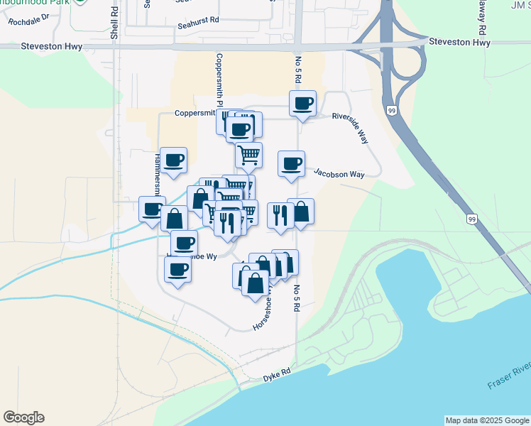 map of restaurants, bars, coffee shops, grocery stores, and more near 11920 Forge Place in Richmond