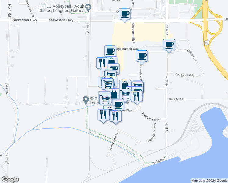 map of restaurants, bars, coffee shops, grocery stores, and more near 11980 Hammersmith Way in Richmond