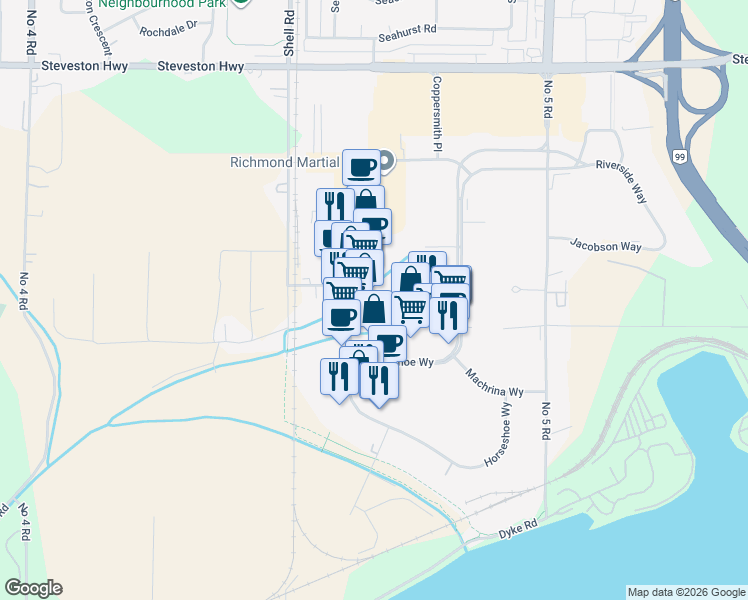 map of restaurants, bars, coffee shops, grocery stores, and more near 11980 Hammersmith Way in Richmond
