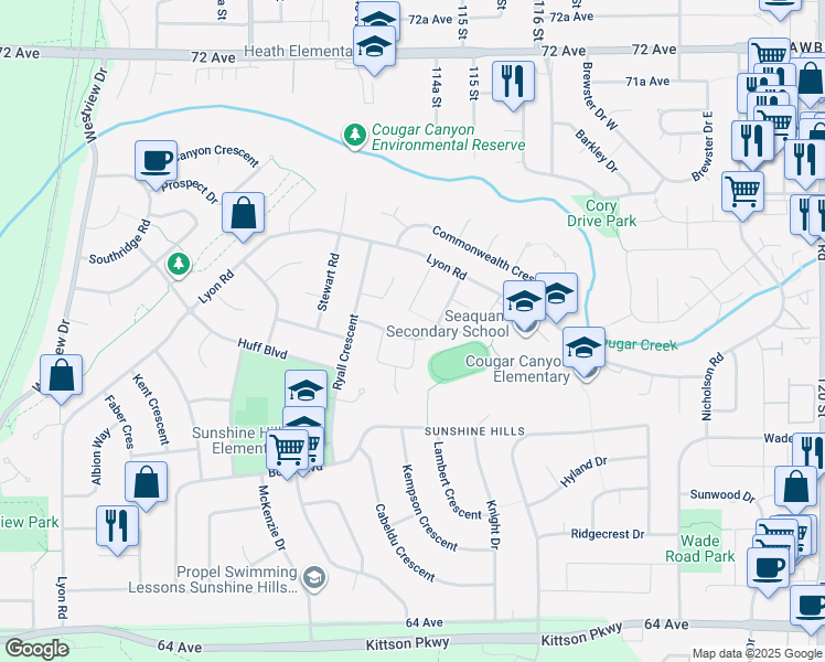 map of restaurants, bars, coffee shops, grocery stores, and more near 11417 Somerset Crescent in Delta