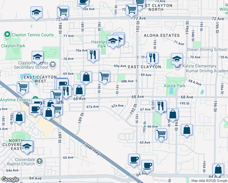 map of restaurants, bars, coffee shops, grocery stores, and more near 19088 68 A Avenue in Surrey