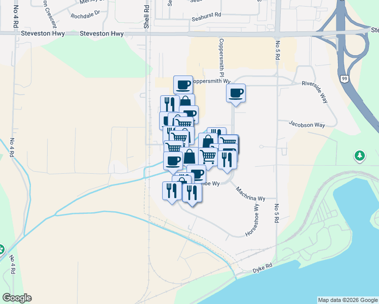 map of restaurants, bars, coffee shops, grocery stores, and more near 11980 Hammersmith Way in Richmond