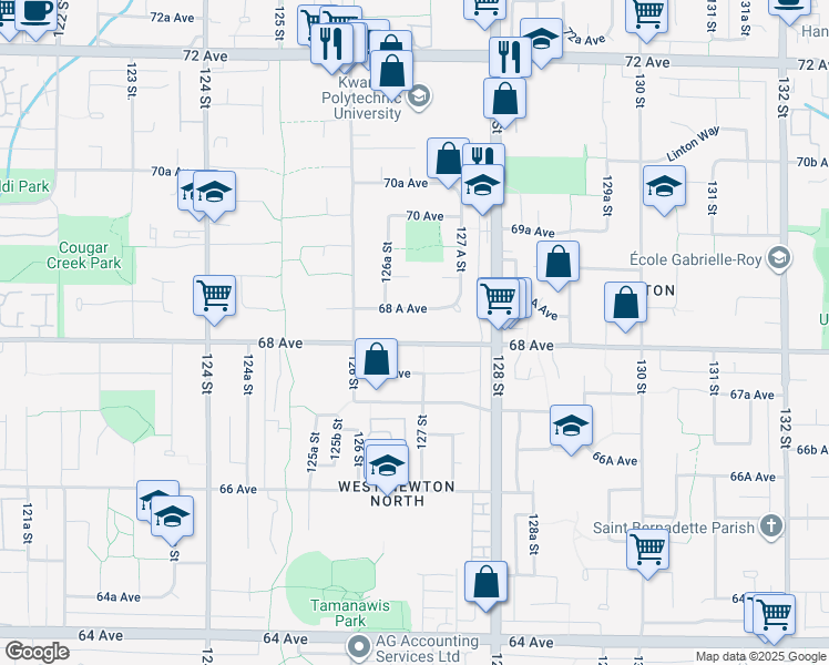 map of restaurants, bars, coffee shops, grocery stores, and more near 12685 68 Avenue in Surrey