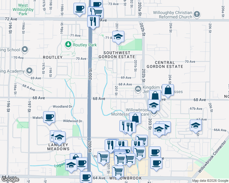 map of restaurants, bars, coffee shops, grocery stores, and more near in Langley Township