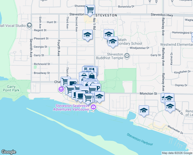map of restaurants, bars, coffee shops, grocery stores, and more near 11900 Number 1 Road in Richmond