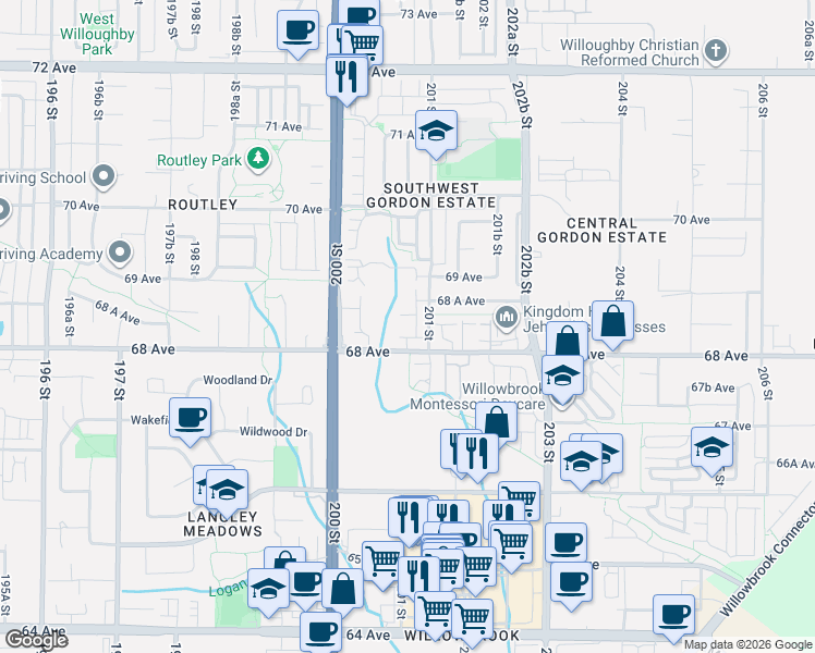 map of restaurants, bars, coffee shops, grocery stores, and more near 20087 68 Avenue in Langley Township