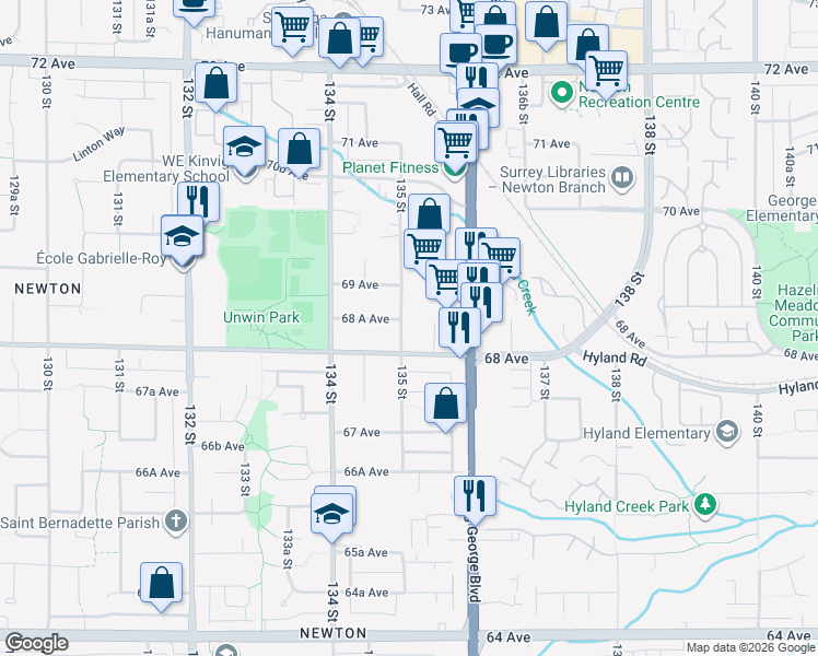 map of restaurants, bars, coffee shops, grocery stores, and more near 6838 135 Street in Surrey
