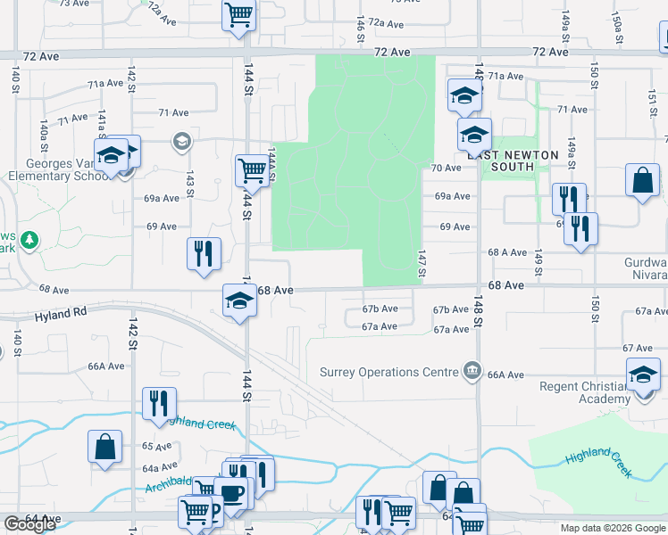 map of restaurants, bars, coffee shops, grocery stores, and more near 14555 68 Avenue in Surrey