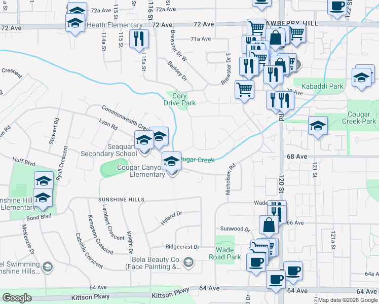 map of restaurants, bars, coffee shops, grocery stores, and more near 11739 Lyon Road in Delta