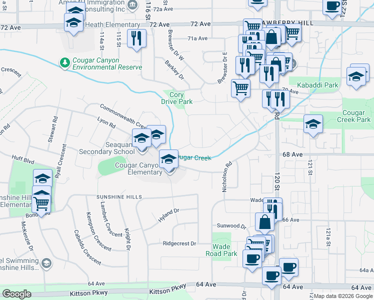 map of restaurants, bars, coffee shops, grocery stores, and more near 6830 Cedarbrook Place in Delta