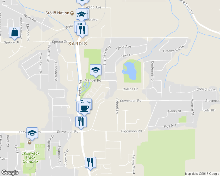 map of restaurants, bars, coffee shops, grocery stores, and more near 6843 Sheffield Way in Chilliwack