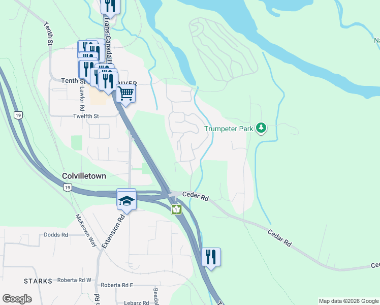 map of restaurants, bars, coffee shops, grocery stores, and more near 25 Maki Road in Nanaimo