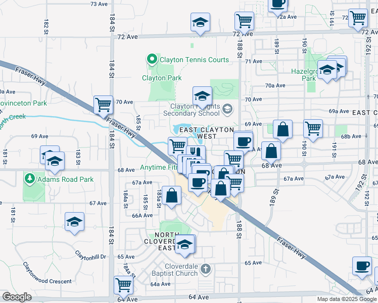 map of restaurants, bars, coffee shops, grocery stores, and more near 18681 68 Avenue in Surrey