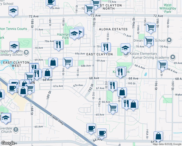 map of restaurants, bars, coffee shops, grocery stores, and more near 6843 192 Street in Surrey