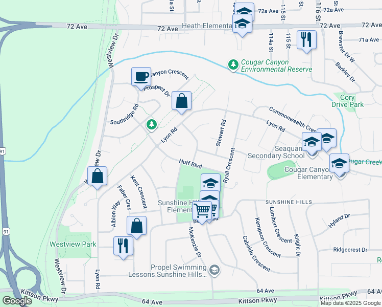 map of restaurants, bars, coffee shops, grocery stores, and more near 6823 Sussex Crescent in Delta