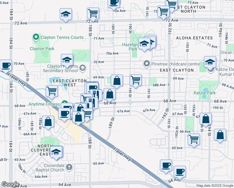 map of restaurants, bars, coffee shops, grocery stores, and more near in Surrey