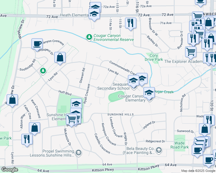 map of restaurants, bars, coffee shops, grocery stores, and more near 11437 Somerset Crescent in Delta