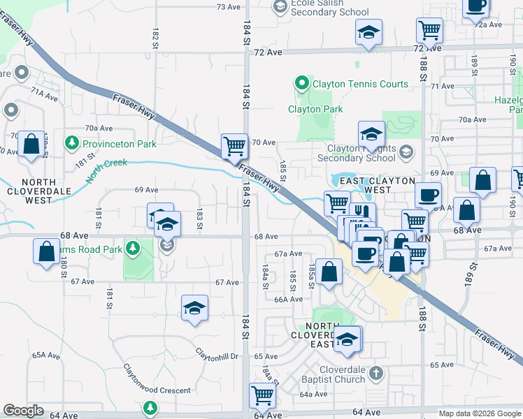 map of restaurants, bars, coffee shops, grocery stores, and more near 6869 184A Street in Surrey