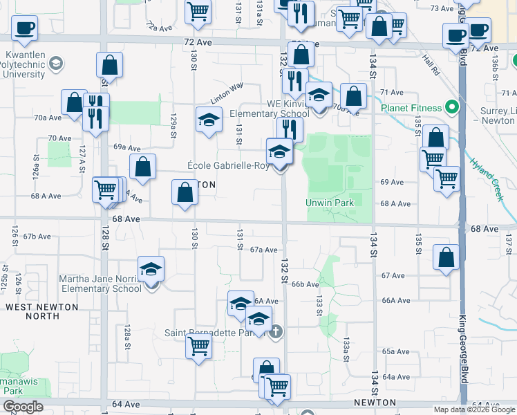 map of restaurants, bars, coffee shops, grocery stores, and more near 6842 131 Street in Surrey