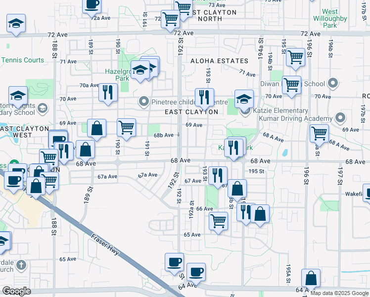 map of restaurants, bars, coffee shops, grocery stores, and more near 19232 68A Avenue in Surrey