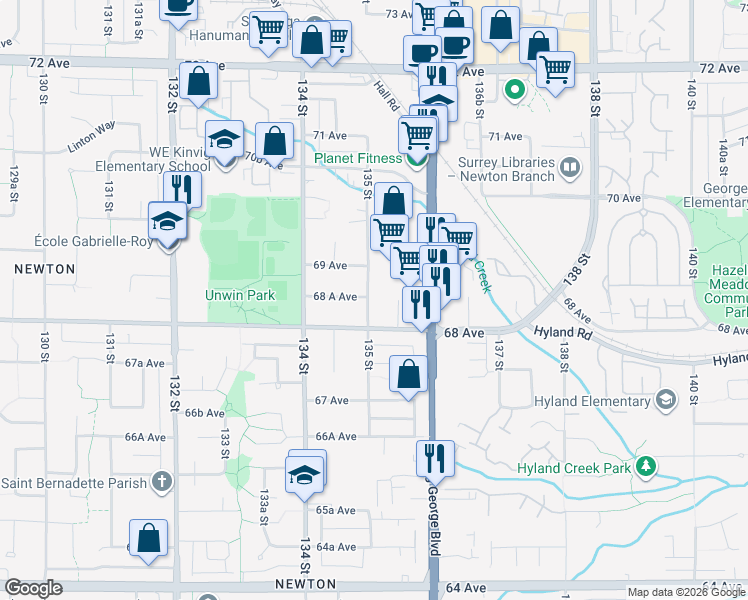 map of restaurants, bars, coffee shops, grocery stores, and more near 6848 135 Street in Surrey