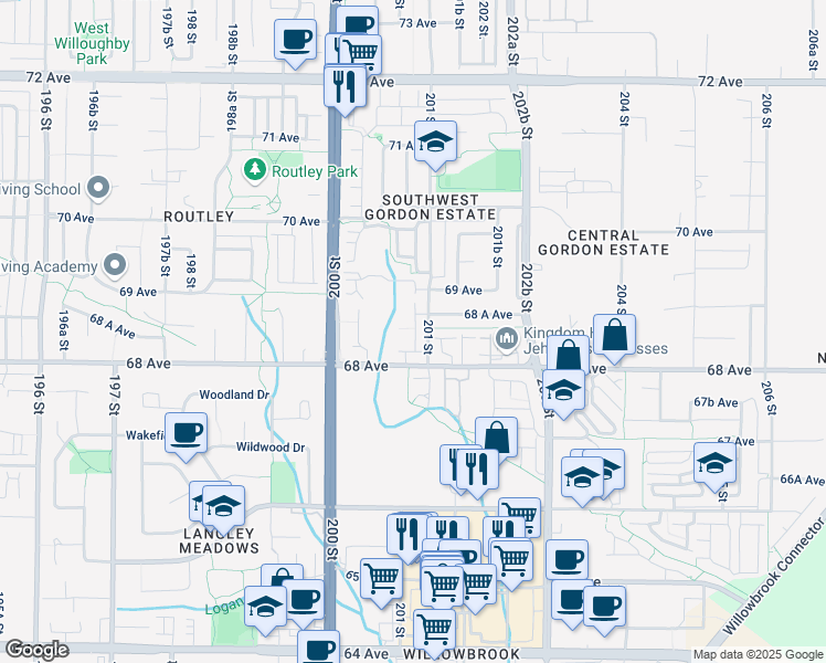map of restaurants, bars, coffee shops, grocery stores, and more near 20087 68 Avenue in Langley Township