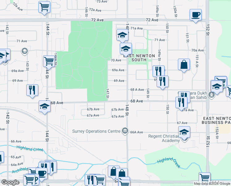 map of restaurants, bars, coffee shops, grocery stores, and more near 14755 68 A Avenue in Surrey