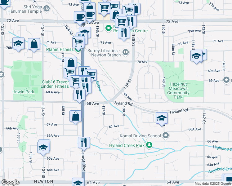 map of restaurants, bars, coffee shops, grocery stores, and more near in Surrey